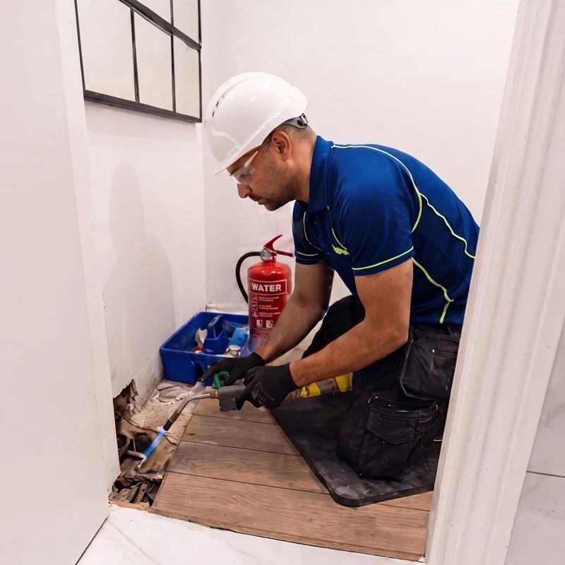 Plumber Soldering Pipes During Construction Work