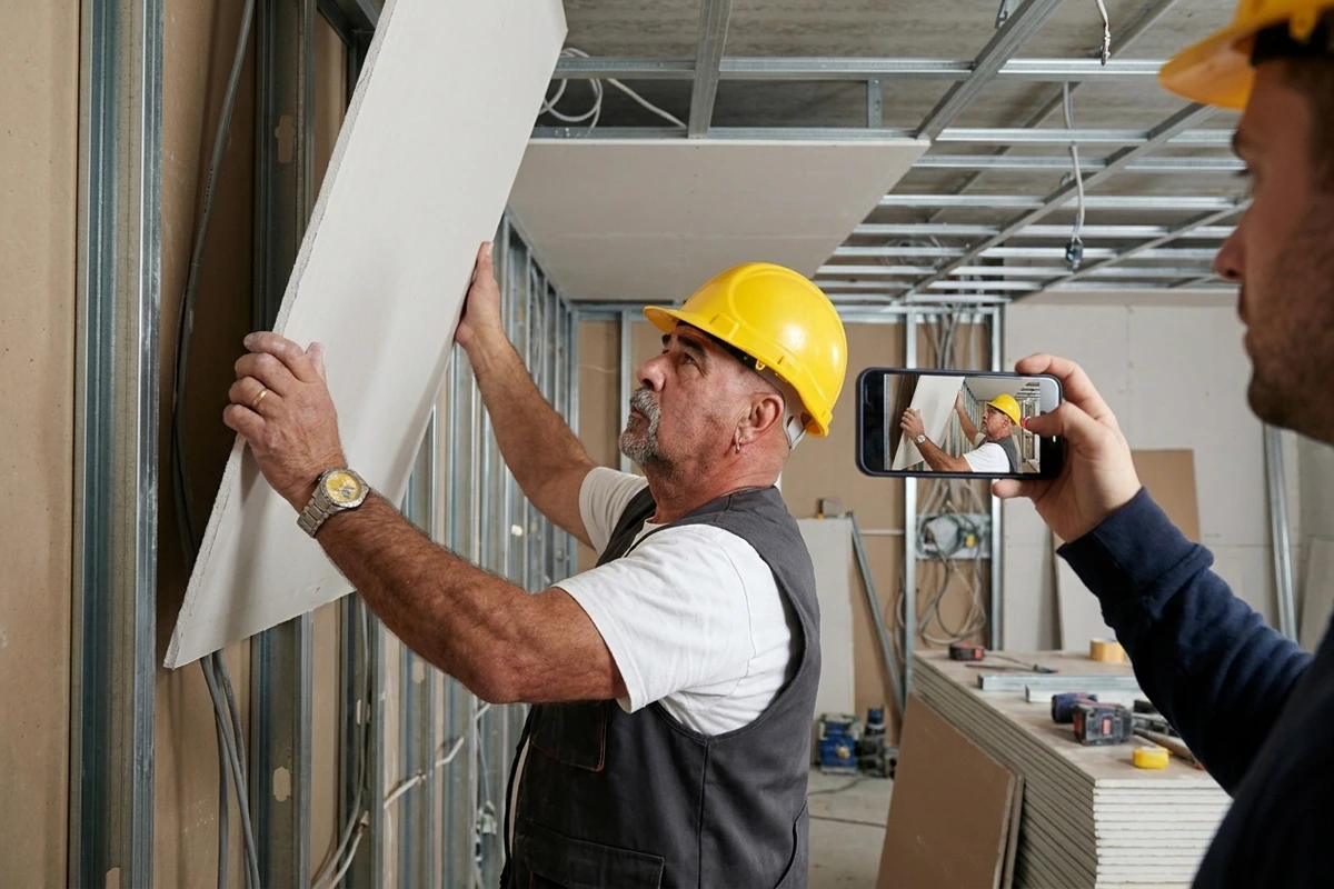 Dry Liner Fixing Board Whilst Being Recorded As Part Of NVQ Assessment