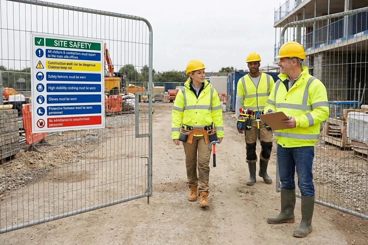 Site carpenters arriving at a construction site under CSCS safety requirements